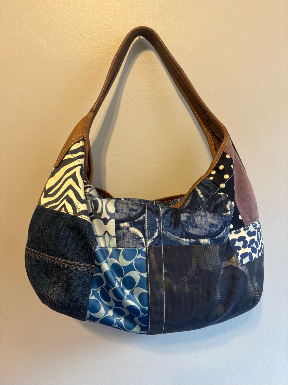Coach Y2K Blue Denim Patchwork Ergo Slouchy Whimsical Shoulder Hobo Bag XLarge - Picture 11 of 15